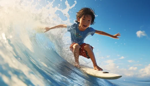 笑顔でサーフィンする男の子の無料素材