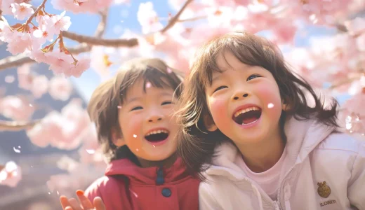 桜の下で笑顔でうつる子供たちの無料素材