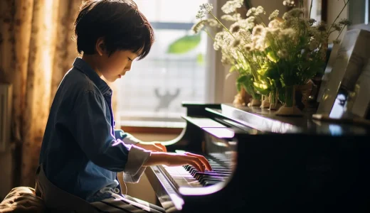 部屋でピアノを弾く男の子の無料素材